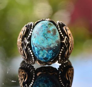 Erkek Yeşil Turkuaz Taş Yüzük, 925 Ayar Gümüş ile Vintage Orta Doğu Tasarımı (Stil-3) - Görsel 3