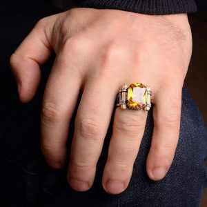 Erkekler için 925 Ayar Gümüş El Yapımı Yüzük, Doğal Olmayan Sitrin Taşı Yüzük - Görsel 6