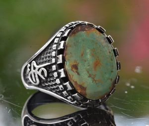 Gerçek Arizona Turkuaz Taş Yüzük, Ali Yazılı Yüzük, Müslüman Yüzük, 925 Ayar Gümüş Yüzük - Görsel 7