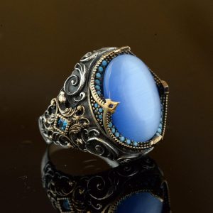 El Yapımı Yapay Taş Yüzük - 925 Ayar Gümüş Erkek Takısı (Mavi Kedi Göz) - Görsel 5