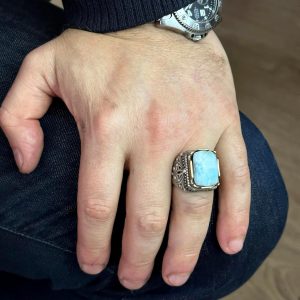 Sterling Gümüş Erkek Yüzük, Gerçek Doğal Larimar Taşı Yüzük - Görsel 3