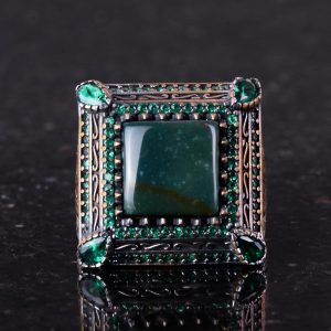 El Yapımı 925 Ayar Gümüş Erkek Yüzük - Gerçek Doğal Malakit Taşı ile Lüks Tasarım (Jade) - Görsel 6