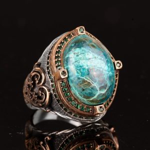 Gerçek Doğal Krysokolla Taş Yüzük, 925 Ayar Gümüş Erkek Yüzük, Şık Yüzük - Görsel 4