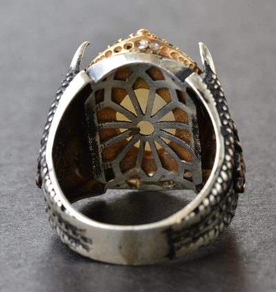 Erkekler için Gümüş İki Başlı Kartal Yüzüğü - İnci ile Yeşil Taşlar - Görsel 8