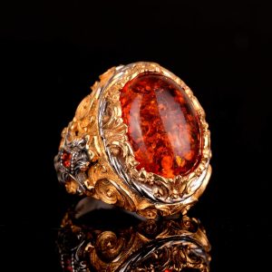 Yapay Amber Taşı Yüzük, 925 Ayar Gümüş Erkek Kral Yüzüğü, Altın Kaplama - Görsel 3