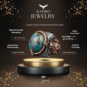 Gerçek Doğal Azuirit Taşı Yüzük, 925 Ayar Gümüş Yüzük, Sultan Erkek Yüzüğü - Görsel 2