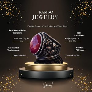 925 Ayar Gümüş Erkek Yüzük Doğal Yakut Taşı ile - Görsel 2