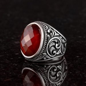Gerçek Doğal Granat Taşı Yüzük, 925 Ayar Sterlin Gümüş Yüzük, Erkekler İçin Doğum Taşı Yüzüğü - Görsel 5
