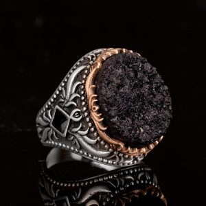 Vintage Erkek 925 Ayar Gümüş Yüzük Druzy Kuvars: Yeşil, Kırmızı, Lacivert, Bej, Siyah (Siyah) - Görsel 4