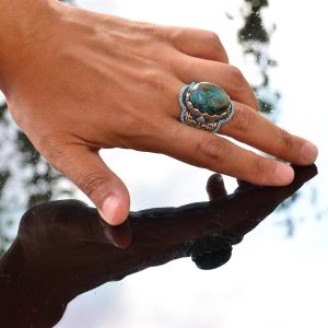 El Yapımı 925 Ayar Gümüş Erkek Yüzük - Doğal Taş (Krisokolla) - Görsel 6