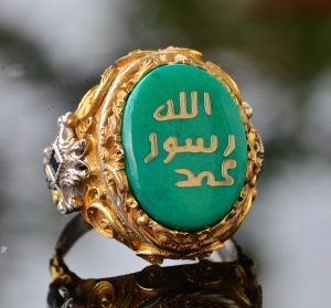 Erkekler için Gümüş İslami Yüzük - Müslüman Dini Hediye, Altın Kaplama, Yeşil Taş - Görsel 3