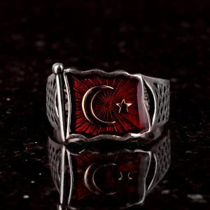 Ay Yıldız Bayrak Gümüş Erkek Yüzük, Türk Bayrağı Motifi Yüzük, 925 Ayar Gümüş Erkek Yüzük - Görsel 3