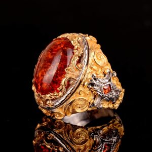 Yapay Amber Taşı Yüzük, 925 Ayar Gümüş Erkek Kral Yüzüğü, Altın Kaplama - Görsel 4