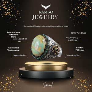 925 Ayar Gümüş Erkek Yüzük Doğal Arizona Turkuaz Taşı ve Ayrıntılı Oymalı Tasarım - Görsel 2