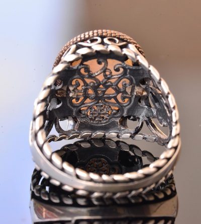 925 Ayar Katı Gümüş Erkek Yüzüğü - Doğal Taşlarla İşlenmiş El Yapımı Zarafet (Kehribar Taşı) - Görsel 5