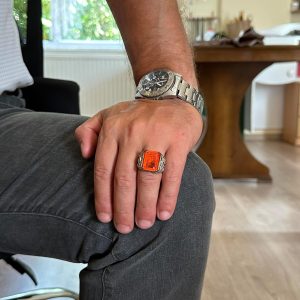 925 Ayar Gümüş El Yapımı Erkek Yüzük - Yapay Taş Yüzük - Erkek Yüzük (Yapay turuncu paraiba) - Görsel 3