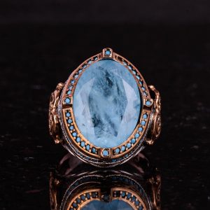 925 Ayar Gümüş Erkek Yüzük, Oluşturulmuş Taş, El Yapımı Vintage Tasarım İfade Yüzüğü (Oluşturulmuş Açık Mavi Paraiba) - Görsel 4