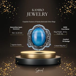 925 Ayar Gümüş Erkek Yüzük, Gerçek Doğal Mavi Akik Taşı, Sultan Yüzüğü - Görsel 2