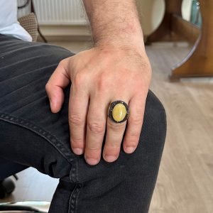 David Yıldızı Yüzüğü, Doğal Sarı Akik Taş Yüzüğü - Gümüş Erkek Yüzüğü, 925 Ayar Gümüş Yüzük Tasarımı - Görsel 3
