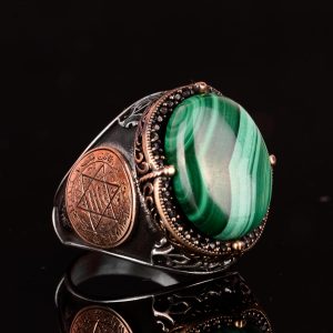 Solomon Mühür Yüzüğü, Doğal Malakit Taş Yüzüğü - Canlı 925 Ayar Sert Gümüş Erkek Yüzüğü - Görsel 5