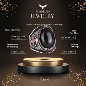 Ottoman Tugra Mavi Güneş Taşı Yaratılmış Taş Yüzük, 925 Ayar Gümüş Yüzük - Görsel 2