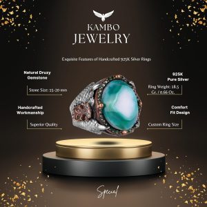 Gerçek Druzy Kuvars Taş Yüzük, 925 Ayar Gümüş Yüzük, Erkekler İçin Kartal Pençesi Yüzük - Görsel 2