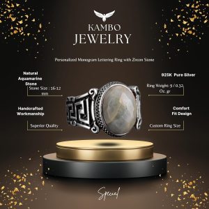 Vintage Akuamarin Taş Yüzük, 925 Ayar Gümüş Yüzük, Yunan Anahtarı Tasarımı, Şifa Kristali Takı - Görsel 2