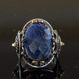 925 Ayar Gümüş Erkek Yüzük, Doğal Sodalit Taşı ve Aslan Tasarımı ile - Görsel 7