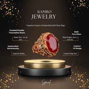 Yapılmış Paraiba Kırmızı Taş Yüzük - Rodaj Kaplama 925 Ayar Gümüş - El Yapımı Bant Yüzük - Görsel 2