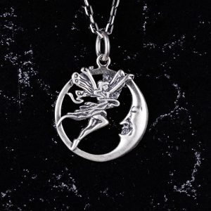 925 Ayar Gümüş Peri ve Ay Kolye, El Yapımı Fantezi Kolye, Özgün Gümüş Takı - Görsel 2