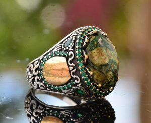 Erkekler için Yeşil Turkuaz Taş Yüzük, 925 Ayar Gümüş Vintage Tasarım - Görsel 4