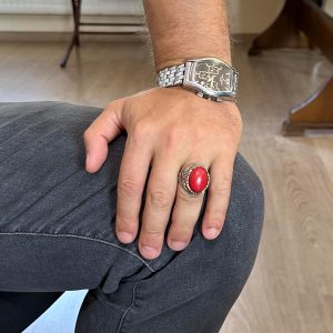 Yapay Taş Yüzük - El Yapımı Erkek Yüzüğü - Şık 925 Ayar Gümüş Erkek Takısı (Yapay Mercan) - Görsel 3