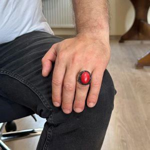 David Yıldızı Yüzük, Yapay Taş Yüzük, 925 Ayar Gümüş Süleyman Yüzüğü (Kırmızı Mercan Yapay) - Görsel 3