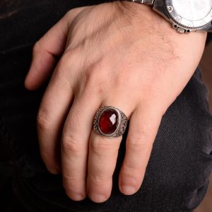 Gerçek Doğal Granat Taşı Yüzük, 925 Ayar Sterlin Gümüş Yüzük, Erkekler İçin Doğum Taşı Yüzüğü - Görsel 3