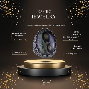 Gerçek Doğal Taş Yüzük - Gül Desenli Yüzük - 925 Ayar Gümüş Yüzük - El Yapımı Büyük Yüzük (Yeşil Göz) - Görsel 2