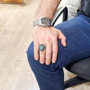 Zarif El Yapımı Cabochon Zümrüt Taşlı Yüzük, 925 Ayar Gümüş Yüzük - Görsel 3