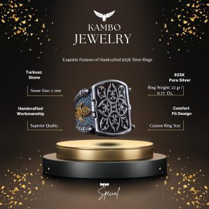 925 Ayar Gümüş Erkek Kutu Yüzük, Turkuaz Taşlarla, Erkekler İçin Farklı Tasarım - Görsel 2