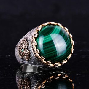 Gerçek Doğal Taş Yüzük - El Yapımı Kral Yüzüğü - 925 Ayar Gümüş Yüzük (Malakit) - Görsel 5