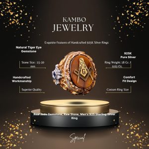 Mason Yüzüğü - Usta Mason Sterling Gümüş Yüzük, Kaplan Gözü Taşı, Altın Kaplama - Görsel 2