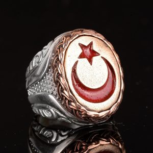 925 Ayar Gümüş Erkek Yüzük, Bronz Hilal ve Yıldız ile Osmanlı Tarzı Türk Yüzük, Bronz Taş Tasarımı - Görsel 4