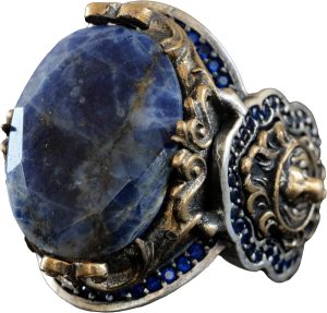 925 Ayar Gümüş Erkek Yüzük, Doğal Sodalit Taşı ve Aslan Tasarımı ile - Görsel 1