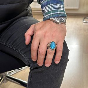 925 Ayar Gümüş Erkek Yüzük - Açık Mavi Kedi Göz Taşı - Aslan Sembolü El Yapımı Yüzük - Görsel 3