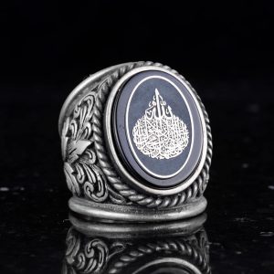 İslami Erkek Yüzüğü, Hat Sanatı Tasarımı, Oniks Taşlı Sterlin Gümüş Dinî Yüzük - Görsel 5
