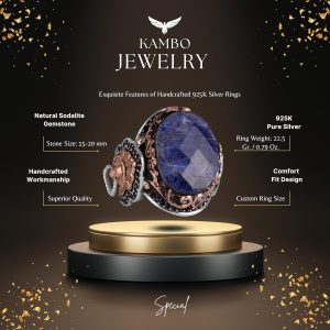 Leo Gümüş Yüzük, Doğal Sodalit Taş Yüzük, 925 Ayar Sterling Gümüş Yüzük - Görsel 2