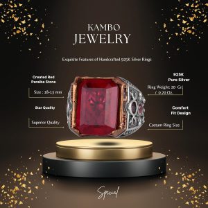 925 Ayar Gümüş El Yapımı Erkek Yüzük - Yapay Taş Yüzük - Erkek Yüzük (Yapay Kırmızı Paraiba) - Görsel 2