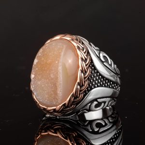 Gerçek Doğal Druzy Kristal Kuvars Taşı Yüzük, Doğum Taşı Yüzüğü, 925 Ayar Gümüş Yüzük (Sarı) - Görsel 3