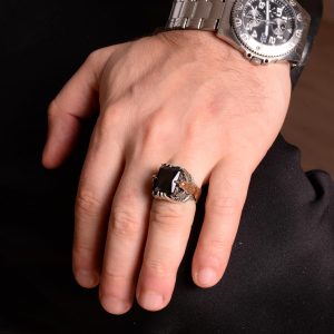 Doğal Obsidiyen Taş Yüzük, 925 Ayar Gümüş Yüzük, Kuş Yüzüğü - Görsel 3