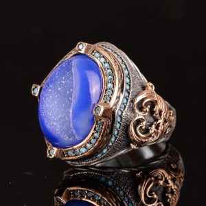 Gerçek Doğal Drusy Kristal Kuvars Taşı Yüzük, 925 Ayar Gümüş Yüzük Erkekler İçin, El Yapımı Erkek Yüzüğü - Görsel 5