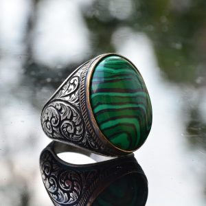 Doğal Malakit Taşı Erkek Yüzüğü - Büyük 925 Ayar Gümüş El Yapımı Yüzük - Görsel 4