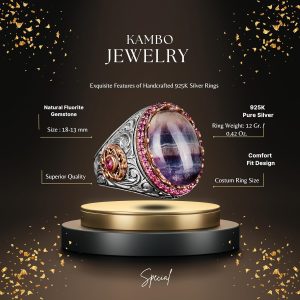 Gerçek Doğal Florit Taş Yüzük, Kral Yüzük, El Yapımı Yüzük, 925 Ayar Gümüş Yüzük Erkekler İçin - Görsel 2